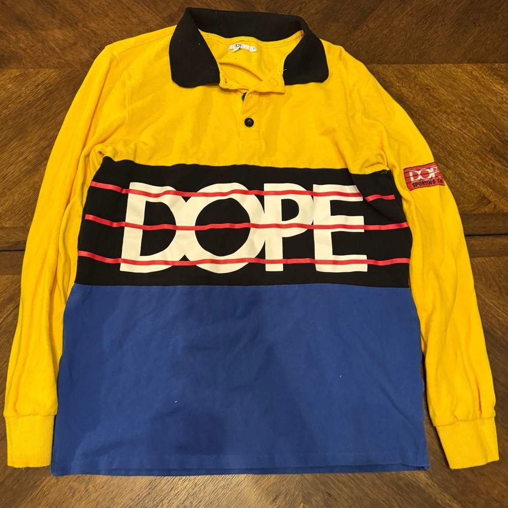 DOPE Long Sleeve Rugby Polo Shirt Yellow‎ Color Block Graphic Logo Men's L |Q1